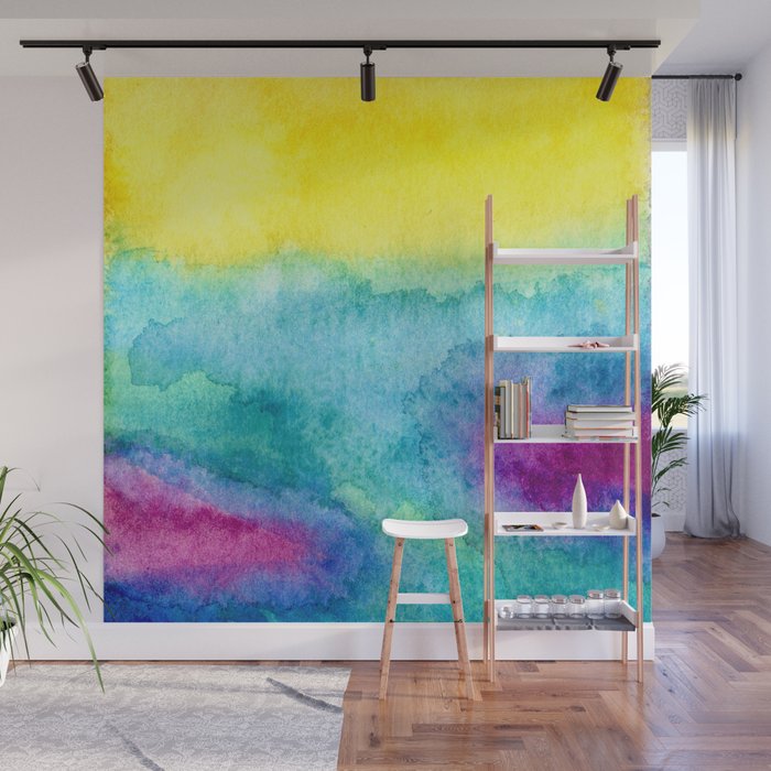 Modern Neon Yellow Blue Hand Painted Watercolor Wall Mural By Girlytrend
