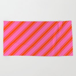 [ Thumbnail: Hot Pink and Red Colored Striped/Lined Pattern Beach Towel ]
