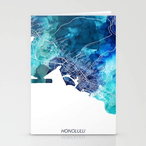 Honolulu Hawaii Ohio Map Navy Blue Turquoise Watercolor USA States Maps Stationery Cards