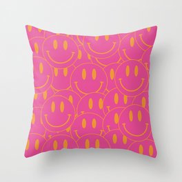 Groovy Pink and Orange Smiley Face Mania Throw Pillow