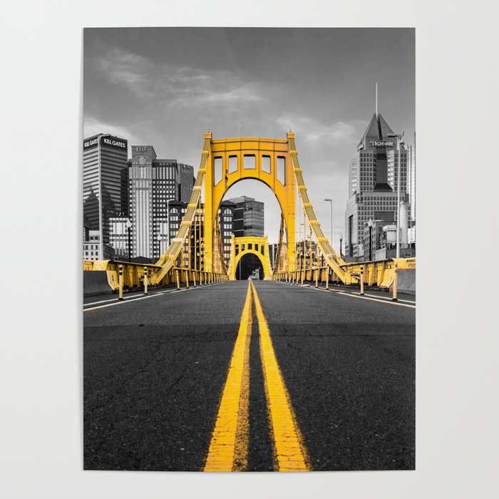 Pittsburgh Pennsylvania Steel City Skyline Bridge Black And White Photography Print Poster