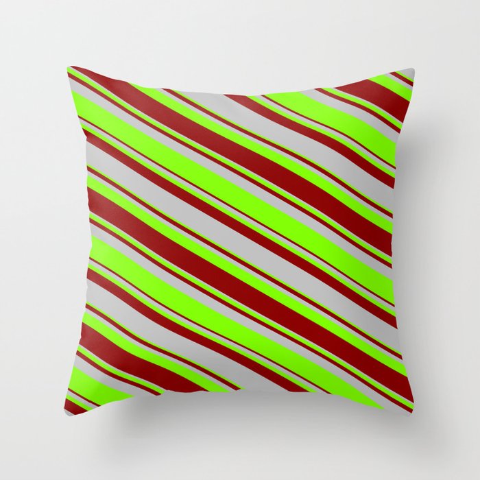 Dark Red, Grey & Chartreuse Colored Lined/Striped Pattern Throw Pillow