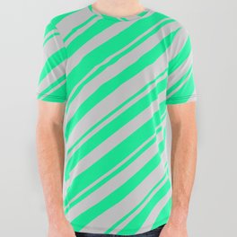 [ Thumbnail: Green and Light Gray Colored Lines/Stripes Pattern All Over Graphic Tee ]