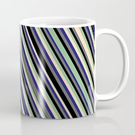 [ Thumbnail: Eye-catching Dark Sea Green, Tan, Midnight Blue, Dim Gray & Black Colored Lines Pattern Coffee Mug ]