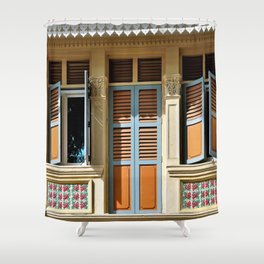Traditional Singapore Peranakan or Straits Chinese shop house with decorative exterior and antique orange shutters in historic Geylang Shower Curtain