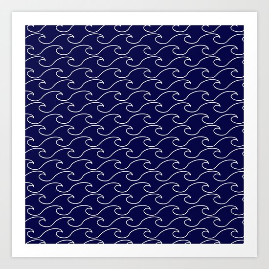 sea waves - white on darkblue pattern - Martitime Design Art Print