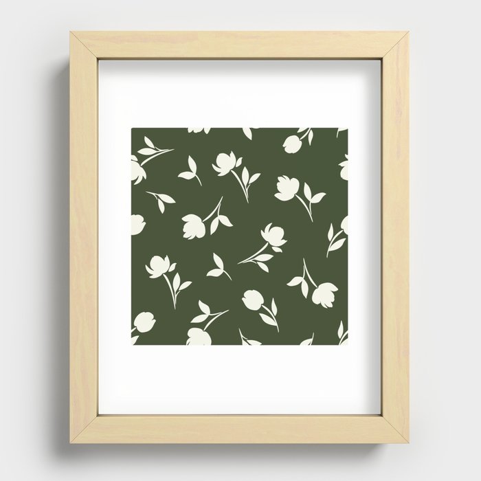 Green floral pattern with flowers silhouettes Recessed Framed Print