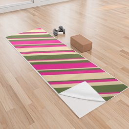 [ Thumbnail: Dark Olive Green, Deep Pink, and Beige Colored Stripes/Lines Pattern Yoga Towel ]