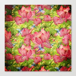 Floral Lotus Flowers Pattern with Dragonfly Canvas Print