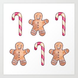 Christmas watercolor pattern 4 - gingerbreads on white background Art Print