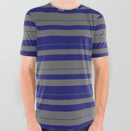 [ Thumbnail: Midnight Blue and Dim Grey Colored Striped Pattern All Over Graphic Tee ]