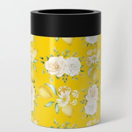 Lemons and White Flowers Pattern On Yellow Background Can Cooler