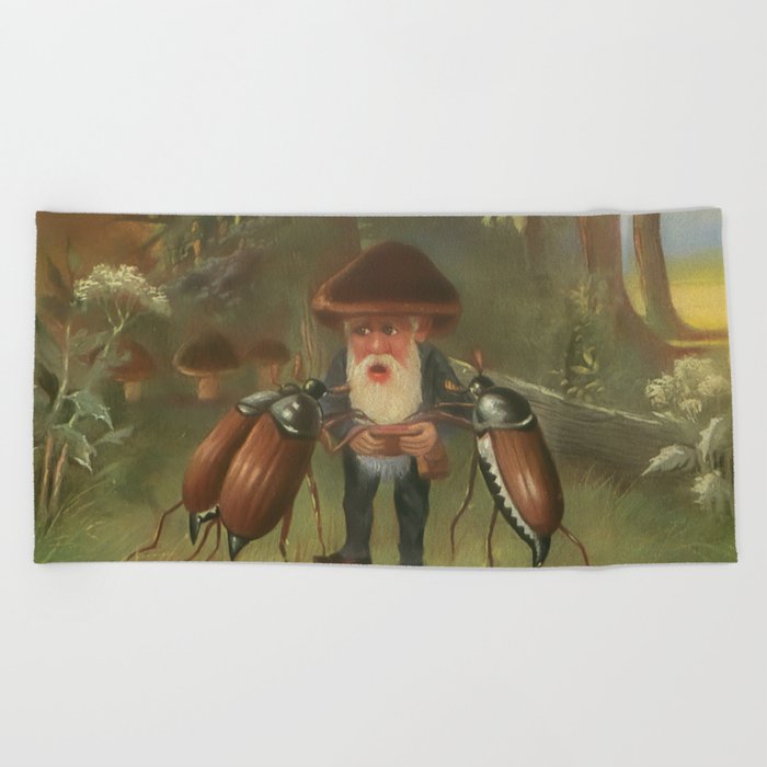 Gnome Pestered by three begging mayflies Vintage Postcard Art Beach Towel