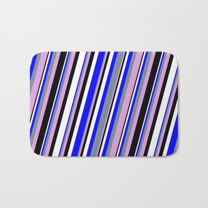 Blue, Light Slate Gray, Plum, Black & White Colored Stripes/Lines Pattern Bath Mat