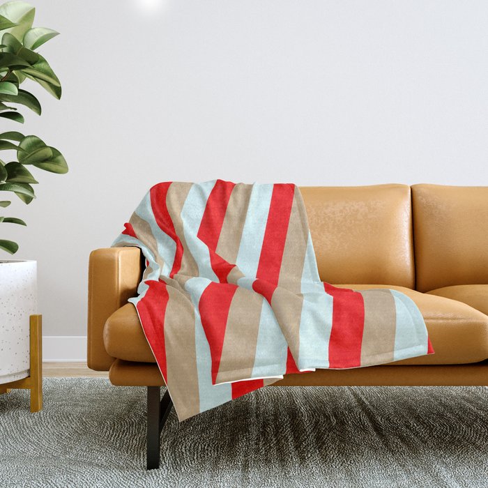 Tan, Light Cyan, and Red Colored Stripes Pattern Throw Blanket