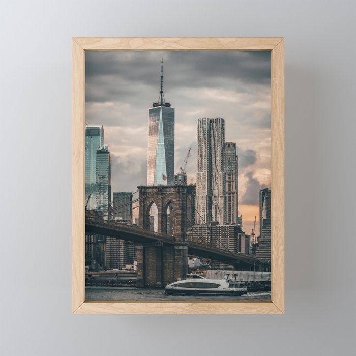 Brooklyn Bridge and Manhattan skyline at sunset in New York City Framed Mini Art Print