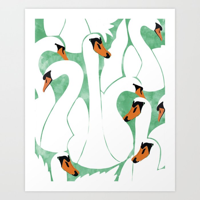 Swans, Colorful Wildlife Birds Painting, Jungle Pond Forest Animals Wild Illustration Art Print