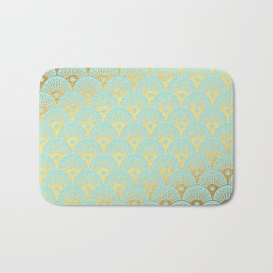 Art Deco Scales Pattern on aqua turquoise with Gold foil effect Bath Mat