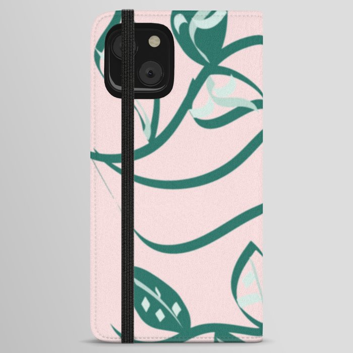 Green Leaves Pink Background Abstract Vector Art iPhone Wallet Case