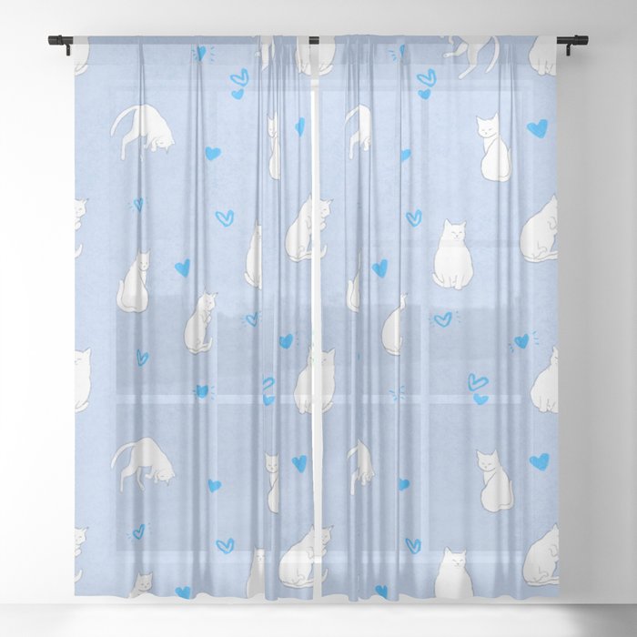 White Cats With Blue Hearts Pattern/Light Blue Background Sheer Curtain
