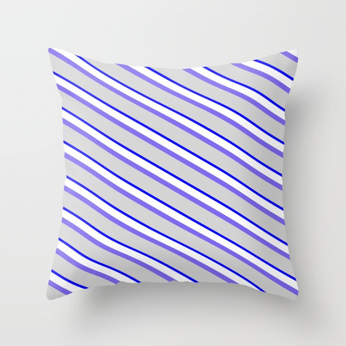 Medium Slate Blue, Light Grey, Blue & White Colored Striped/Lined Pattern Throw Pillow
