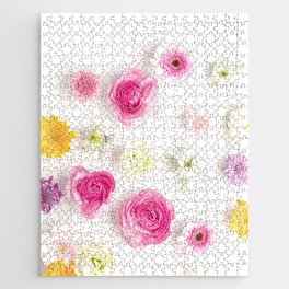 Bright Spring Floral Arrangement, Pink Roses and Daisies Jigsaw Puzzle