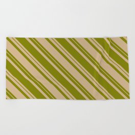 [ Thumbnail: Tan & Green Colored Striped/Lined Pattern Beach Towel ]