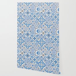 Blue and Gray Heritage Vintage Traditional Moroccan Zellij Zellige Tiles Style Wallpaper