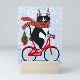 Tuxedo Cat Christmas Bicycle Ride Mini Art Print