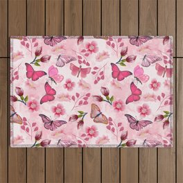 Collection Of pink  Butterflies and flowers  Outdoor Rug