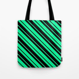 [ Thumbnail: Green and Black Colored Striped Pattern Tote Bag ]