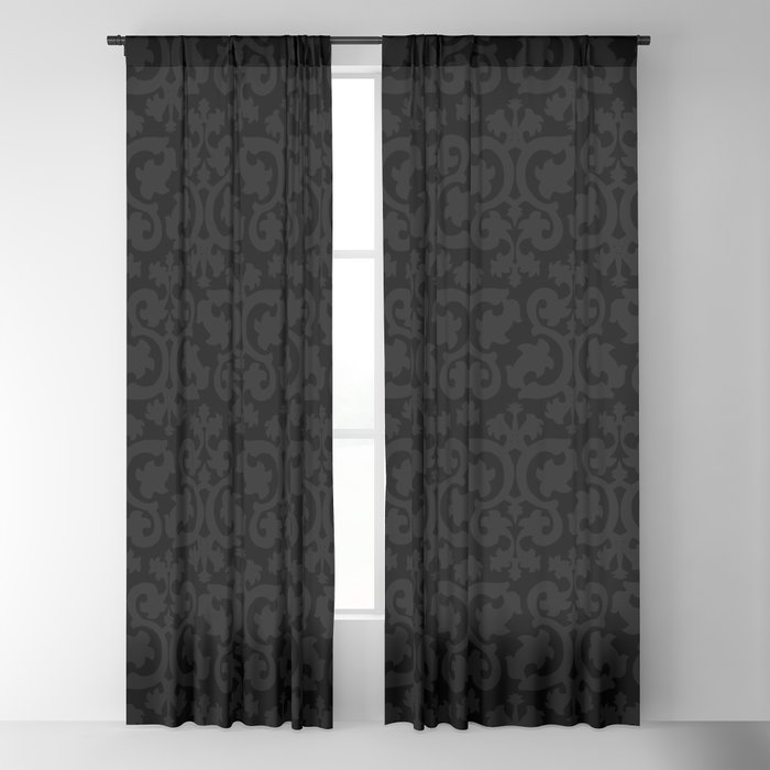 Black And Dark Grey Damask Pattern, Dark Grey Curtains With White Pattern