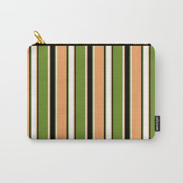 [ Thumbnail: Brown, White, Green, and Black Colored Striped/Lined Pattern Carry-All Pouch ]