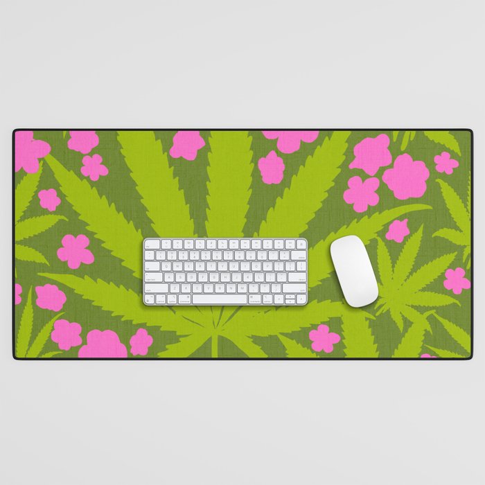 Big Modern Hot Pink And Green Cannabis Leaves And Flowers Retro Modern Scandi Botany Floral Pattern Desk Mat