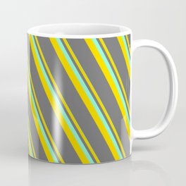 [ Thumbnail: Aquamarine, Yellow, and Dim Gray Colored Lined/Striped Pattern Coffee Mug ]