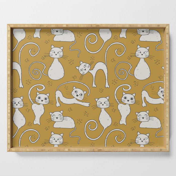 Mustard yellow and off-white cat pattern Serving Tray