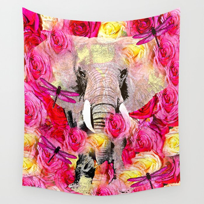 Elephant and Pink Roses Wall Tapestry
