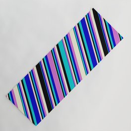 [ Thumbnail: Eye-catching Dark Turquoise, Blue, Orchid, Beige, and Black Colored Stripes Pattern Yoga Mat ]