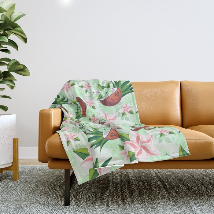 Lime in Coconut with Pink Plumeria Flowers Tropical Summer Pattern Throw Blanket