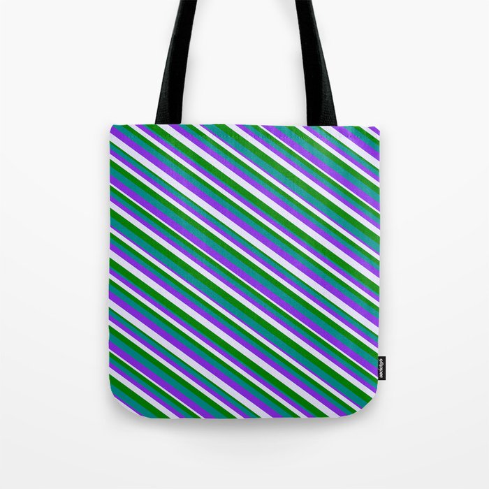 Purple, Lavender, Green, and Dark Cyan Colored Striped/Lined Pattern Tote Bag
