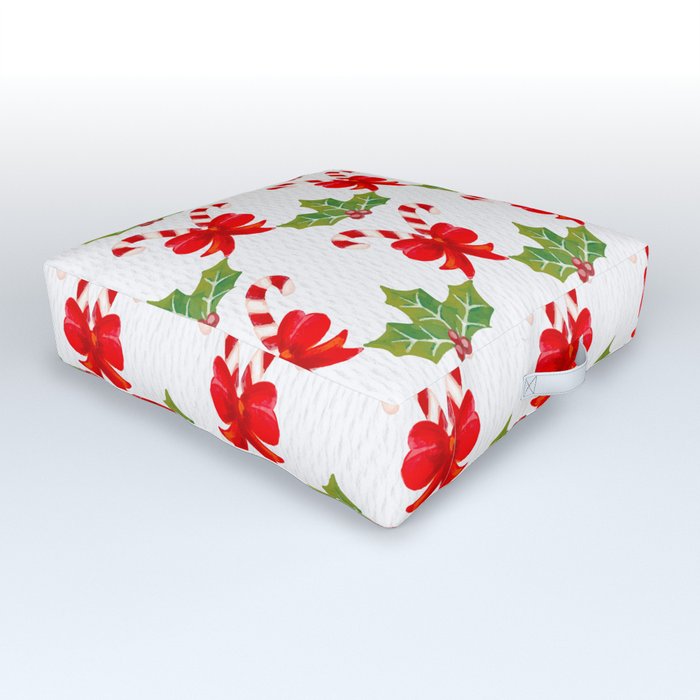 Christmas Pattern Watercolor Candy Bow Mistletoe Outdoor Floor Cushion