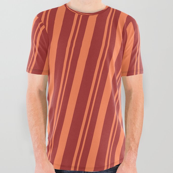 Brown and Coral Colored Pattern of Stripes All Over Graphic Tee