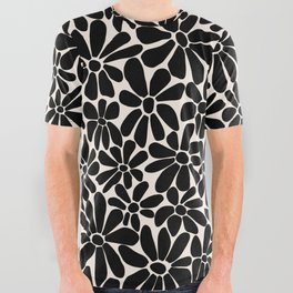 Black and White Retro Floral Art Print  All Over Graphic Tee