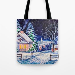Snowy winter landscape. Country House. Christmas holidays. Forest with pine trees. Watercolor painting.  Tote Bag