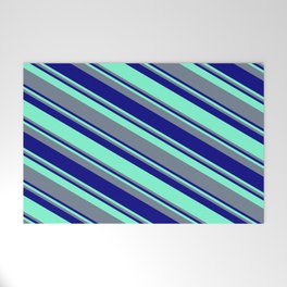 [ Thumbnail: Aquamarine, Slate Gray, and Blue Colored Pattern of Stripes Welcome Mat ]