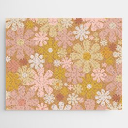 Retro 60s 70s Aesthetic Floral Pattern Pink Mauve Ochre Jigsaw Puzzle