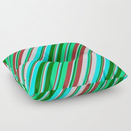 [ Thumbnail: Colorful Brown, Light Grey, Cyan, Dark Green, and Green Colored Stripes Pattern Floor Pillow ]