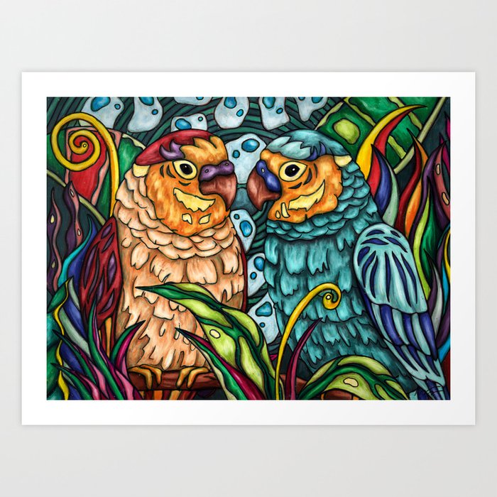 Pair of lovebirds painting, cute talking parrots Art Print