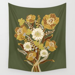 70s, flowers, green, retro, vintage, floral bouquet, olive green Wall Tapestry