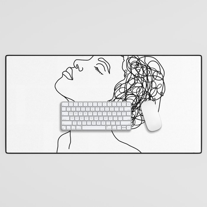 Black And White Line Art Female Portrait Desk Mat